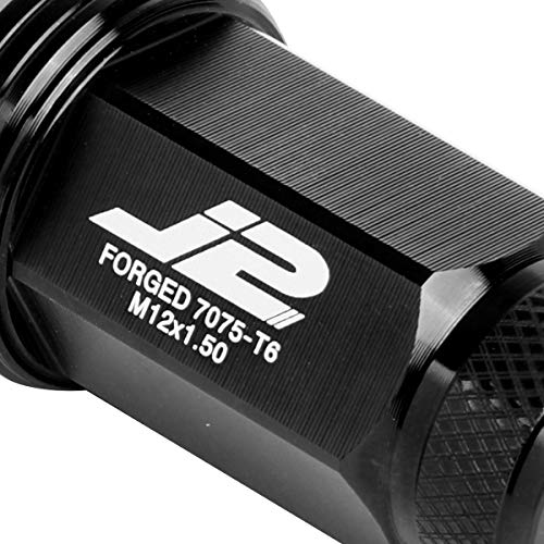 J2 Engineering LN-T7-021-15-BK Black 7075 Aluminum M12 x 1.5 20Pcs L: 50mm Knurled Top Lug Nuts w/Adapter