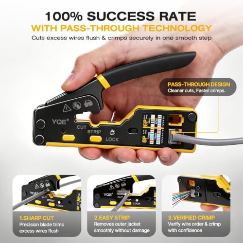 YQE RJ45 Crimp Tool Kit, Pass Through Ethernet Crimper, Crimping Tool, Network Tool Kit for Cat5, Cat5e, Cat6, RJ45, RJ11, RJ12 w/Carrying Case, Cable Tester, Stripper, Cutter, 50 Connectors & Boots 10 IN 1 Set