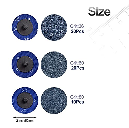 50 Pcs 2 inch P36/60/80 Zirconia Quick Change Grinding Discs, with 2 Pcs 1/4 inch Disc Holder for Surface Prep (Mix Grit)