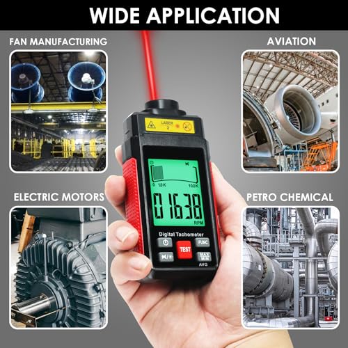 Non-Contact Tachometer with Reflective Tape, High Precision Digital Laser Speedometer (10-99,999 rpm) with Large LCD Display, Backlight and Max/Min/AVG Function and Data Hold