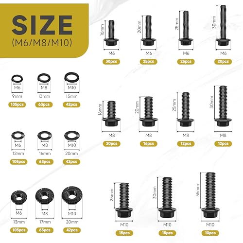 Mywish M8 x 12mm 20Pcs Flat Head Hex Socket Cap Screws Bolts & 830Pcs M6 M8 M10 Flange Metric Bolt Assortment Kit, Furniture Bolts Full Thread, Black Oxide Nuts and Bolts, Flat/Spring Washers