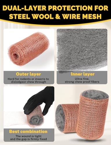 Steel Wool Mice Control - 4 Pack 3" x11 Ft Steel Wool 0000 & 1 Pack Wire Mesh with Wooden Stick & Gloves & Scissors, Upgrade 2in1 Match Mouse Hole Filler DIY Kit, Rodent Barrier Kit for House Garden