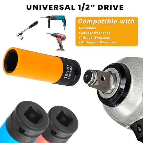 5Pcs Lug Nut Socket Set, 1/2" Drive Metric 17mm 19mm 21mm 22mm 5pcs