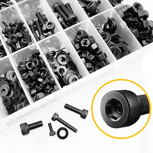 Mywish 900Pcs M3 M4 M5 M6 Metric Screws Assortment, Grade 12.9 Alloy Steel, Nuts and Bolts Hex Socket Head Cap Metric Bolts & Nuts & Flat Washers Kit, Black Zinc Palted, Anti Rust Machine Screws