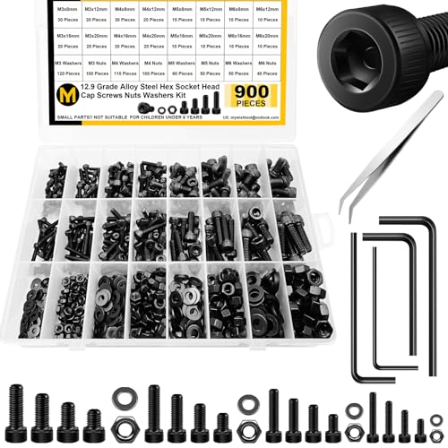 Mywish 900Pcs Black Oxided Steel M3 M4 M5 M6 Metric Screws Assortment & 380Pcs M4 Screw Nuts and Bolts Assortment Kit, Hex Socket Head Bolts and Nuts