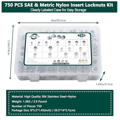SAE & Metric Nylon Insert Lock Nuts Kit (750Pcs), Lock Nuts Assortment Kit SAE & Metric 750PCS