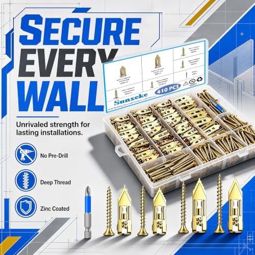 410PCS Self Drilling Drywall Anchors and Screws Kit, Heavy Duty Wall Anchors for Drywall, Zinc Plated Self Drilling Anchor Screws, No Drill Needed for Picture Hanging & Furniture Fixing 410PCS-KIT
