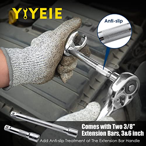 YIYEIE 3/8" Drive Crows Foot Wrench Set, 24PCS Flare Nut Crowfoot Wrench Set, Metric & SAE, 8-22mm & 5/16"-7/8", CR-V Steel, Crows Feet Wrench Set with 2 Extension Bars, Line Wrench Set with EVA Foam 6-Point Metric & Sae 24pcs