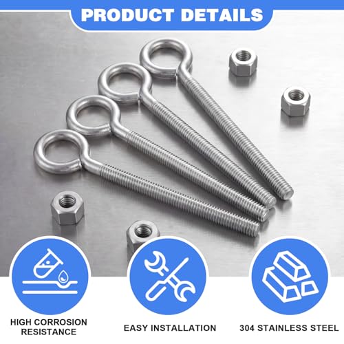 30 Set 1/4" x 4" Stainless Steel Long Threaded Eyebolts with Nuts and Washers Lifting Ring Bolts for Hanging or Securing Cables, Suspending Wood, Metal and Light Items(304 Stainless Steel)