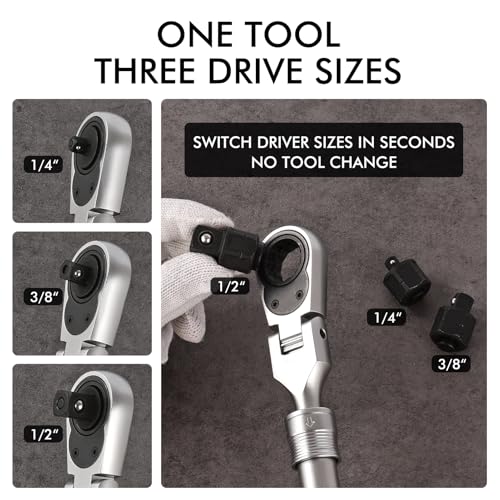 Extendable Ratchet Wrench Set with 1/4", 3/8", and 1/2" Drive Adapters, 72-Tooth Fine Ratcheting, 180° Flex-Head for Tight Spaces