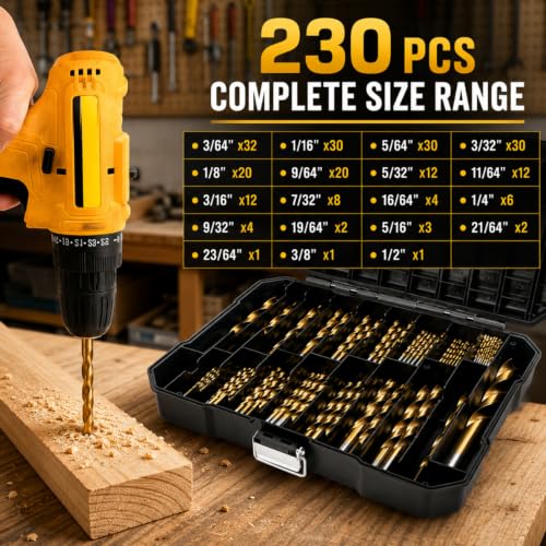 230 Pcs Titanium Twist Drill Bit Set, Coated HSS 135° Tip 3/64"-1/2"