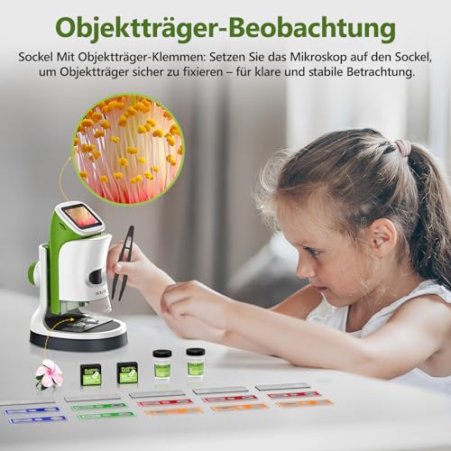 Children's microscope with stand, 2-inch 4K screen, 1000X digital magnification, portable mini-scope science kit for boys and girls ages 4-12 with slide set, 32G card, STEM learning toy, gift