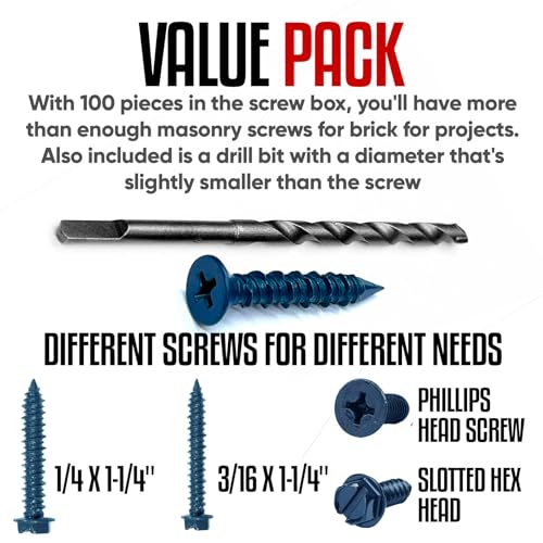 1/4 x 2-1/4" Star Torx Head Concrete Screws - Steel Masonry Screws for Concrete, Bricks, Blocks - Self-Tapping Concrete Screws with 3/16 x4-1/2 Drill Bit - 100 Screws/Box 1/4x2-1/4"