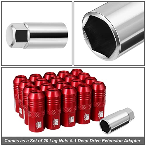 J2 Engineering J2-LN-T7-040-125-RD M12 x 1.25 T6-7075 Aluminum 50mm Open End Lug Nuts w/Deep Drive Extension Adapter,Red,21mm x 50mm