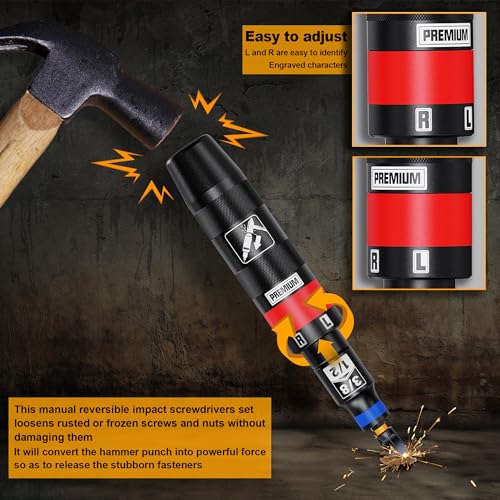1/2" Hand Impact Screwdriver Set, 13 PCS Manual Reversible Impact Driver Kit, S2 Steel Bits Repair Tool, Disengage Rusted Fasteners or Frozen Bolts 1/2 Inch