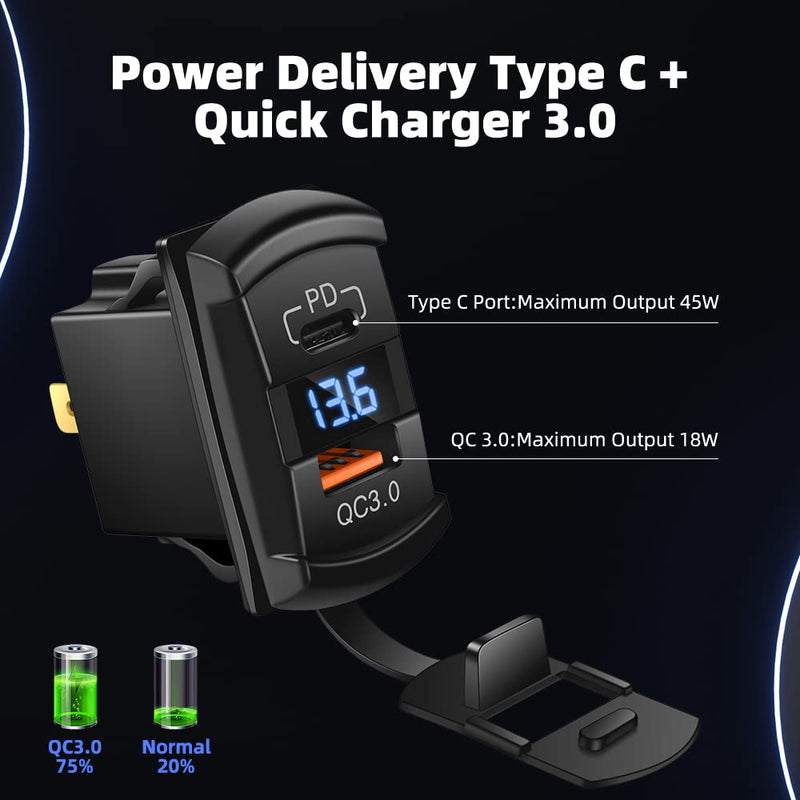 CNAODUN USB Rocker Switch USB C Charger Socket with Waterproof Cover Dual PD and QC3.0 12V/24V Blue Led Voltmeter for Rocker Type Marine Switch Panel On Marine Rv Vehicles… Type C+QC3.0