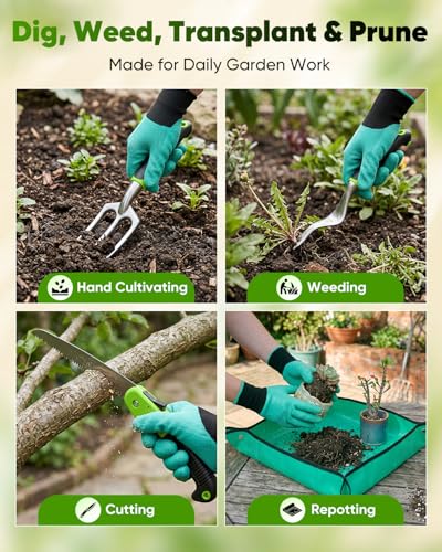Garden Tool Set Gardening Tools - Heavy Duty Aluminum Tool Kit with Non-Slip Handle, Gardening Gloves and Tool Bag for Weeding, Planting and Pruning, Gifts for Women Mom (Green Set) GREEN SET