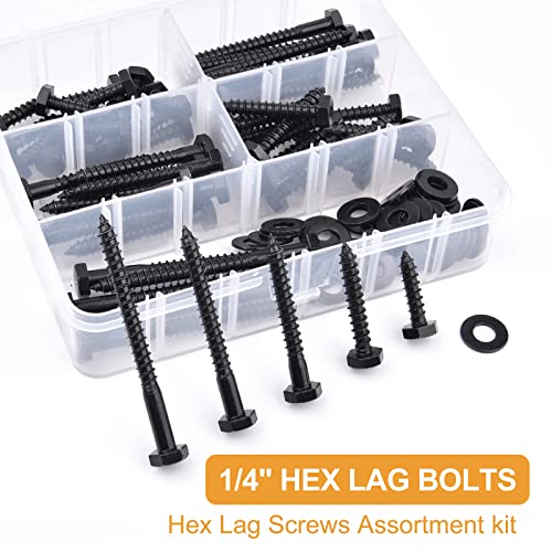 1/4" Hex Lag Bolts Stainless Steel 18-8 (304), VIGRUE 108PCS Black Oxidized, Hex Lag Screws Heavy Duty Wood Screws Washers Assortment Kit, Length Include 1" 1-1/2" 2" 2-1/2" 3" 1/4 x 1" to 3"