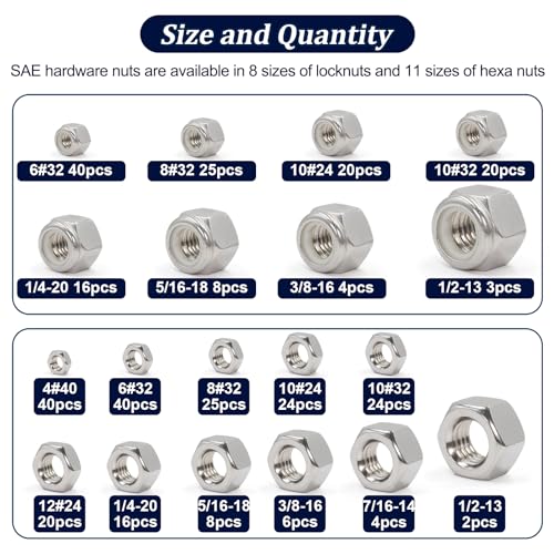 ZQZ 345Pcs SAE Hex Nut & Lock Nuts Assortment Kit (#4-1/2) Hardware Nut Set SAE Hex Nuts & Locknuts Assortment;345 PCS