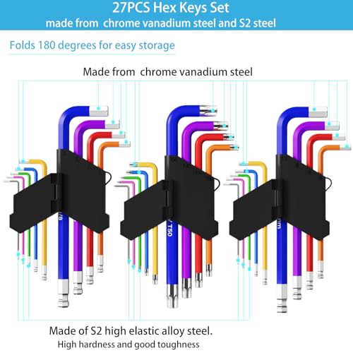 27 PCS Hex Key Set, Color-Coded, Chrome Vanadium Steel, Ideal for DIY Repairs of Bikes, Furniture, Electronics, Machinery, Cars, Motorcycles and Toys 27 PCS Set
