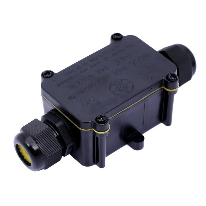 Junction box, Anicoll IP68 waterproof cable connector, larger 2-way junction box, earth cable, black electrical outdoor distribution box, M20 cable gland Ø5mm-12mm ABS + PVC, TÜV, VDE (2-way)