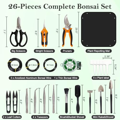 Bonsai Tools Set, 26 Pcs Garden Tools Set for Beginner, Includes Bonsai Wire Kit, Pruning Shears, Plant Mat, Bonsai Scissors, Succulent Tools in Leather Storage Bag, Ideal Gardening Gifts for Women
