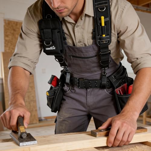 KUNN Padded Y-Shaped Tool Belt Suspenders & Leather Tool Belt Suspenders with Phone Holder