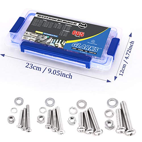 Glarks 510Pcs Flat Hex Stainless Steel Screws Bolts Nuts Lock and Flat Washers Assortment Kit + 665Pcs Stainless Steel Phillips Pan Head Screws Bolts Nuts and Flat Spring Washers Assortment Kit