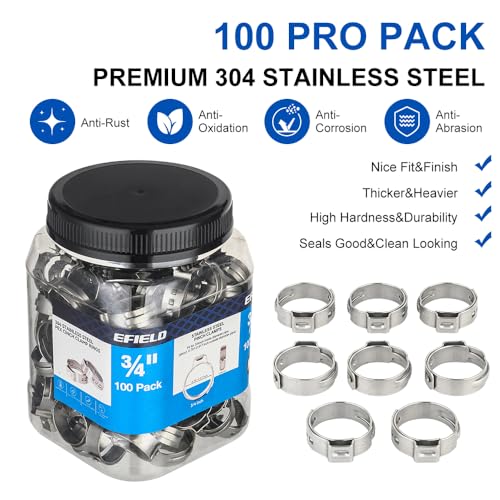 100 piece EFIELD 3/4-inch Pex Crimp Cinch Clamp Rings SS-3/4 Pack 100