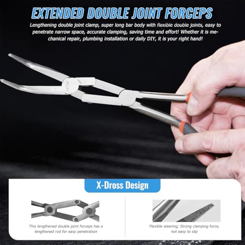 3-PCS 13” Double Jointed Long Needle Nose Pliers Set with Straight, 45°and 90° Bent Tips - Professional Thin-Nosed Enhanced Long Reach Pliers Suitable for Working in Narrow and Sharp Angles 3-piece Long Nose Pliers Set