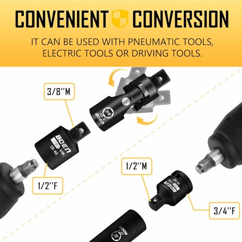 BOEN 10-Piece Impact Socket Adapter and Reducer Set, Standard SAE 1/4" 3/8" 1/2" 3/4", CR-MO Steel Driver & Wrench Conversion Kit Socket Reducer with 3/8" & 1/2" Universal Joint 10 Piece