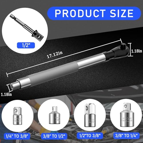 Offset Extension Wrench for Electric Drills and Impact Wrenches, ratchet extension includes 4 Socket Sleeve Adapters and 1/2" 3/8" 1/4" Electric Drill Adapter, Slim for Tight Spaces, Tungsten Steel
