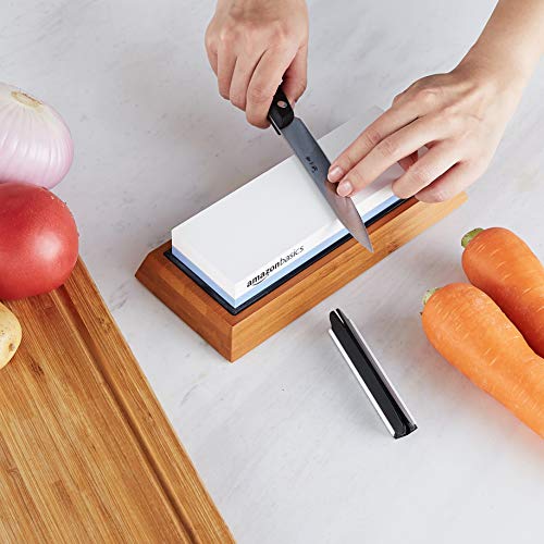 Amazon Basics Whetstone Knife Sharpening Stone, Double-Sided 1000/6000 Grit with Angle Guide, Non-Slip Bamboo Base, Black & Grey Grit: 1000/6000
