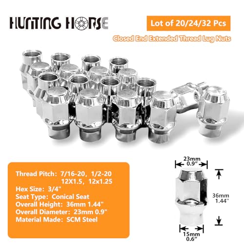 24 Pcs 1/2"-20 Extended Thread Lug Nuts, 1.44" Tall 3/4" Hex Conical Seat Lug Nuts, Chrome 1/2-20 Silver 24