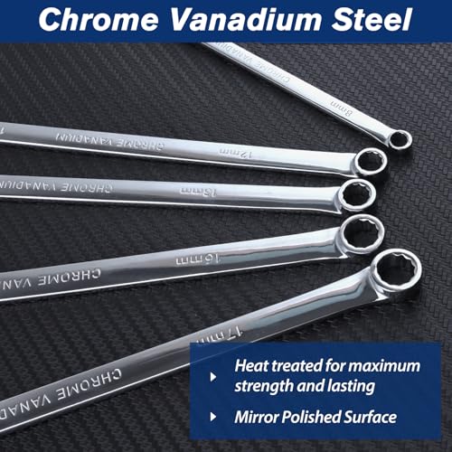 SPEEDWOX 5PCS Extra Long Double Box End Wrench Set Chrome Vanadium Steel Wrenches Mirror polished 8mm, 10mm, 12mm, 13mm, 14mm, 15mm, 16mm, 17mm, 18mm, 19mm, Organized in Rolling Pouch 5PCS Set (8*10, 12*14, 13*15, 16*18, 17*19)