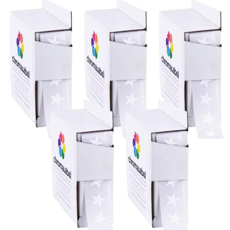 ChromaLabel 3/8 Inch Small Star Stickers, White Stickers for School Rewards and Crafts, 1000 Sticker Labels per Dispenser Box, White - Case of 5 3/8" Pack of 5