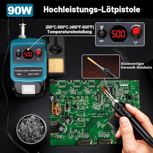 Cordless Soldering Iron Set for Makita 18 V LXT Battery, 90 W LED Digital Soldering Iron Soldering Gun with 5 Pieces Tips, 0.04 Inch Soldering Wire for Any Hobby Enthusiast (Battery Not Included) For Makita battery