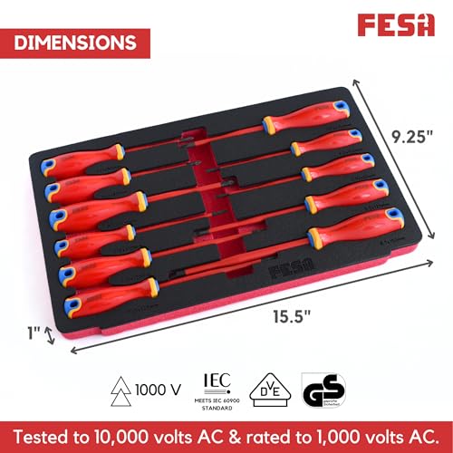 FESA Electrician Insulated Screwdriver Set - 1000V 11-Piece Professional Electrician Screwdriver Set with Magnetic S2 Steel Tips - Pozidriv, Phillips, Flathead or Slotted & Torx - Insulated Tools