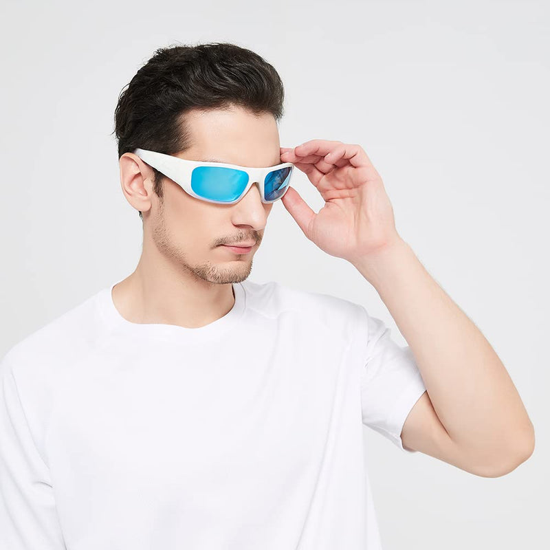 OhO Smart Glasses,Polarized Sunglasses with Bluetooth Speaker,Athletic/Outdoor UV Protection and Voice Control,Unisex(Mirror Blue Lens) Shiny White Frame-blue Lens