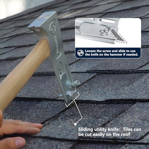 Magnetic Roofing Hammer with Sliding Gauge and Utility Knife,All-in-One Roof Repair Tool for Shingles, Felt Caps and Nails,Efficient Magnetic Hatchet for Professional and DIY Roofing