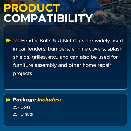 GoaMotors 50PCS 1/4 Body Bolts & U-Nut Clips Kit for Fender Bumper Engine Cover Splash Shield Fastener Retainer Clips, Automotive Universal Screws Black(25 Sets) (Pack of 4) One Size (Pack of 4)
