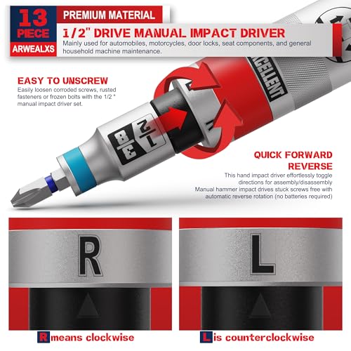13 Piece 1/2" Drive Manual Impact Driver, Reversible Hand Impact Screwdriver Set with Slotted, Hex, Phillips Bit Kit, for Tighten and Rusted Fasteners or Frozen Bolts, with Storage Case 1/2"