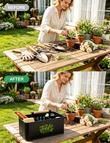 Gardening Tool Caddy, Wooden Handle and 4 Compartments Black