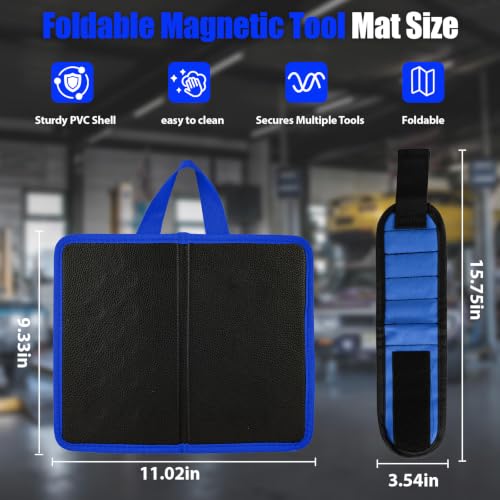 Foldable Magnetic Tool Mat & Wristband, Portable Organizer for Auto Repair Blue_2PK_Mat_Set