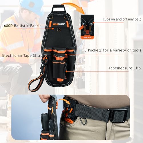 MELOTOUGH Small Tool Pouch with Quick Release Belt Clip,Tool Belt Pouch with Electrician Tape Thong Strap,Work Knee Pads for Men Women Construction, Flooring, Roofing - Comfortable and Non Slip(Black)