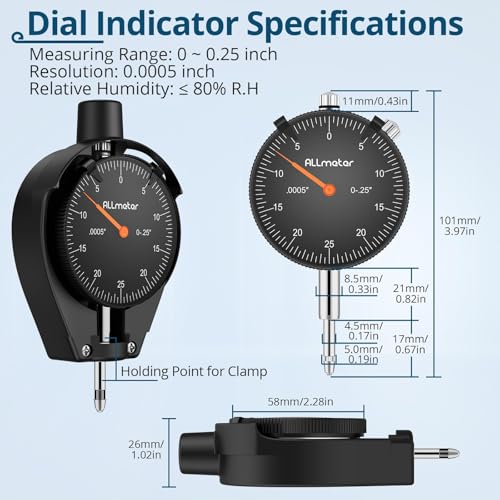 Dial Bore Gauge, 2-6in,0.001in Accuracy,11 Measuring Heads,6in Deep Reach