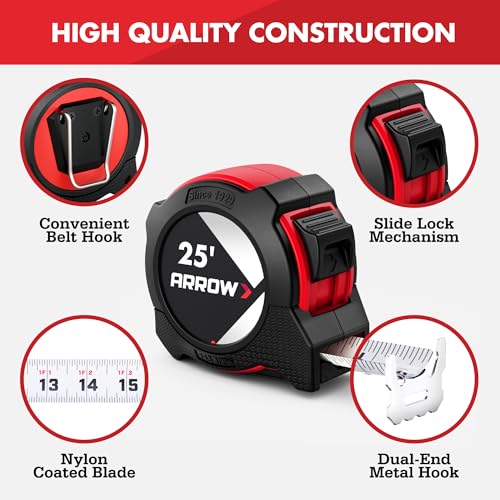 Arrow 25FT Tape Measure, Easy Read Measuring Tape with Dual Locking System 2