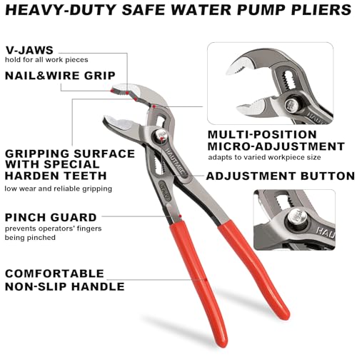 HAUTMEC 16-Inch Water Pump Pliers, Fast Adjustable Tongue and Groove Joint Pliers, V-Jaw with Comfort Grips, Rust-Proof CRV Steel Construction for Plumbing, Home Repair, and Pipe Fittings HT0369-PL 16 Inch