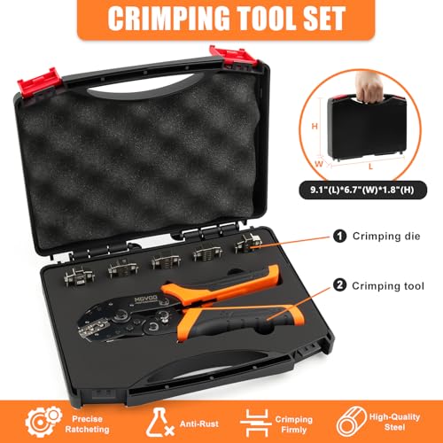 Wire Crimping Tool Kit 7Pcs Ratchet Wire Crimper for Insulated Nylon Connector,Non-Insulated Butt Connectors Ring Terminals,Open Barrel Terminals,Solar Connectors - Crimp Tool with 6 Dies 6PCS Crimping Tool Set
