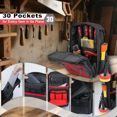 MELOTOUGH Small Tool Backpack for Men 30 Multi-Storage Pockets Heavy Duty Tool Bag Backpack, Electrical Tape Holder Tape Thong with Trigger Snap Hook for Tool Belt, Tool Pouch, Tool Bag